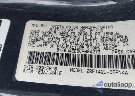 2012 Toyota Corolla Le from USA, damaged, VIN 5YFBU4EE5CP004273